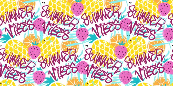 Buntes Sommermuster mit Früchten und Schriftzügen „Summer Vibes\"